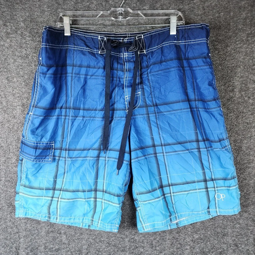 OP Board Shorts Mens L OM12201Y Blue Plaid Ombre Swim Trunks EUC